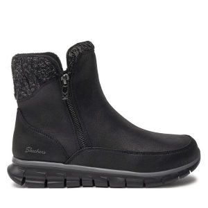 Botki Skechers. Czarne botki Skechers, bez wzorów, bez obcasa, na płaskiej podeszwie, bez zapięcia. Za 289,99 zł.
