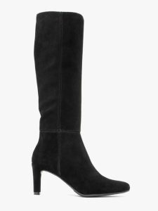 Czarne kozaki z wąską cholewką. Czarne kozaki Ryłko, bez wzorów, ze skóry, bez obcasa, na obcasie, bez zapięcia. Za 629,99 zł.