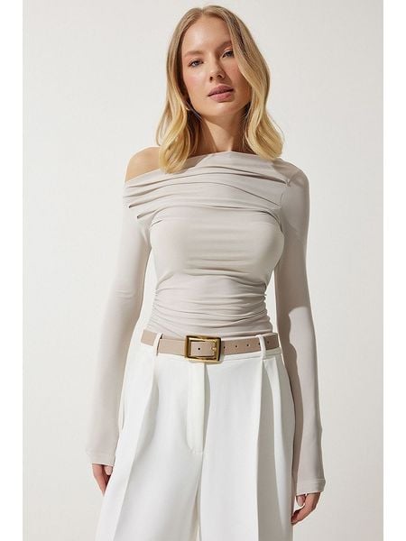 Hapiness Istanbul Koszulka w kolorze kremowym rozmiar: S/M. Brązowe bluzki Hapiness Istanbul, m, bez wzorów, z asymetrycznym kołnierzem, bez ramiączek. Za 41,69 zł.