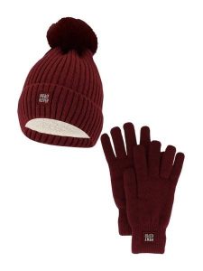 Damski Zimowy Zestaw Termiczny - Czapka + Rękawiczki - Burgundowy. Czerwone czapki HEAT KEEPER, bez wzorów, z materiału, eleganckie. Za 134,32 zł.