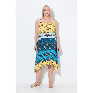 Damskie Sukienka ryby krój trapezowy dekolt w szpic bez rękawów. Zielone sukienki Ulla Popken, l, bez wzorów, z materiału, sportowe, bez kołnierzyka, plus size, bez ramiączek, sportowe. Za 279,99 zł.