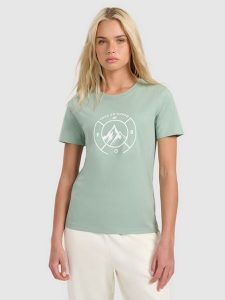 4F T-shirt regular z nadrukiem damski - zielony M. Zielone t-shirty 4f, m, bez wzorów, z bawełny, bez kołnierzyka, bez ramiączek. Za 59,99 zł.