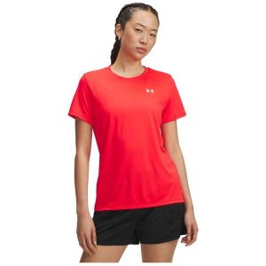 Koszulka T-Shirt Damski Under Armour Treningowy Szybkoschnący Lekki Tech. Czerwone t-shirty Under Armour, bez wzorów, bez kołnierzyka, bez ramiączek. Za 119,99 zł.