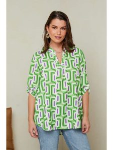 Curvy Lady Bluzka w kolorze zielono-białym rozmiar: 44/46. Zielone bluzki Curvy Lady, bez wzorów, klasyczne, bez kołnierzyka, bez ramiączek. Za 98,95 zł.