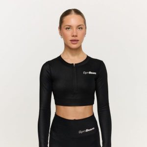 Top damski fitness z zamkiem Prime. Czarne topy GYMBEAM, s, bez wzorów, z elastanu, bez kołnierzyka, bez ramiączek. Za 106,90 zł.