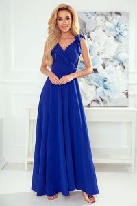 Maxi Sukienka z Wiązaniem na Ramionach - Chabrowa. Niebieskie sukienki NUMOCO, s, bez wzorów, z elastanu, wizytowe, bez kołnierzyka, bez ramiączek, maxi. Za 329,90 zł.