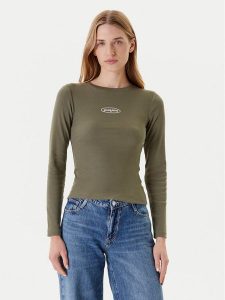 Guess Jeans Bluzka W5YP38 KA0H1 Khaki Slim Fit. Brązowe bluzki Guess Jeans, xl, z aplikacjami, z bawełny, bez kołnierzyka, bez ramiączek. Za 139,99 zł.