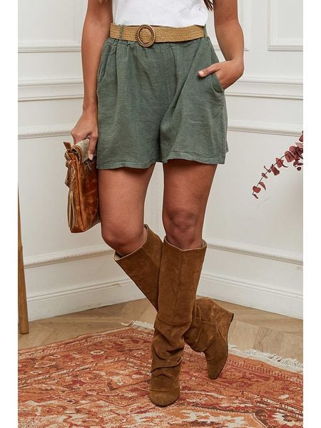 La Compagnie Du Lin Lniane szorty w kolorze khaki rozmiar: XXL. Brązowe szorty La Compagnie Du Lin, bez wzorów, ze lnu, z podwyższonym stanem. Za 176,08 zł.