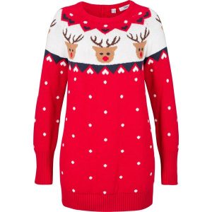 Sweter bożonarodzeniowy z motywem reniferów. Niebieskie swetry klasyczne bonprix, bez kołnierzyka. Za 129,99 zł.