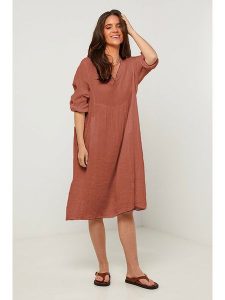 Rodier Lin Lniana sukienka w kolorze brązowym rozmiar: XL/XXL. Brązowe sukienki Rodier Lin, xl, bez wzorów, ze lnu, bez kołnierzyka, bez ramiączek, midi. Za 177,95 zł.