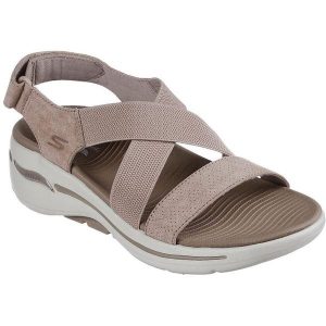 Sandały Skechers Go Walk Arch Fit San, Kobiety. Brązowe buty trekkingowe Skechers, bez wzorów, bez obcasa, bez zapięcia. Za 390,00 zł.