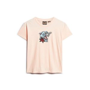 Obcisła koszulka z haftem w stylu tatuażu dla kobiet Superdry. Czerwone koszulki sportowe Superdry, bez wzorów, bez ramiączek. Za 123,50 zł.