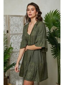 Lin Passion Lniana sukienka w kolorze khaki rozmiar: 36/38. Brązowe sukienki Lin Passion, bez wzorów, ze lnu, klasyczne, bez kołnierzyka, bez ramiączek, mini. Za 173,99 zł.