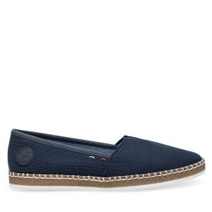 Espadryle Rieker. Niebieskie espadryle Rieker, bez wzorów, bez obcasa. Za 269,99 zł.