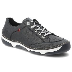 Półbuty damskie Rieker, cholewka ze skóry naturalnej o ziarnistej fakturze z kontrastowym sznurowaniem niebieskie, 55901-14. Niebieskie półbuty Rieker, bez wzorów, ze skóry, bez obcasa, bez zapięcia. Za 314,90 zł.