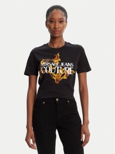 Versace Jeans Couture T-Shirt 79HAHE06 CJ00E Czarny Regular Fit. Czarne t-shirty Versace Jeans Couture, xxs, bez wzorów, z bawełny, bez kołnierzyka, bez ramiączek. Za 299,99 zł.