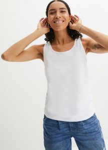 Tank top ze stretchem (2 szt. w opak.). Czarne topy bonprix, bez wzorów, z bawełny, casualowe, bez kołnierzyka, bez ramiączek. Za 39,99 zł.