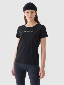 4F T-shirt regular gładki damski - czarny M. Czarne t-shirty 4f, m, bez wzorów, z bawełny, bez kołnierzyka, bez ramiączek. W wyprzedaży za 19,99 zł.