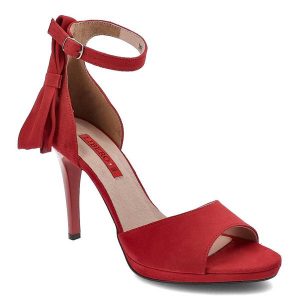 Czerwone Sandały Libero Eleganckie Skórzane Buty. Czerwone sandały Libero, z aplikacjami, bez obcasa, na obcasie, bez zapięcia. Za 339,00 zł.