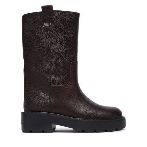 Kozaki Tommy Jeans. Brązowe kozaki Tommy Jeans, bez wzorów, z jeansu, bez obcasa, bez zapięcia. Za 799,99 zł.