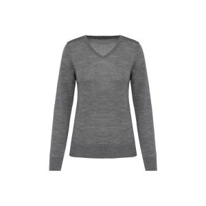 Damski sweter z merynosów z dekoltem v-neck Kariban Premium. Szare swetry klasyczne KARIBAN, na zimę, z wełny, bez kołnierzyka. Za 297,00 zł.