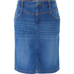 Spódnica dżinsowa ze stretchem. Czarne spódnice bonprix, bez wzorów. Za 82,99 zł.