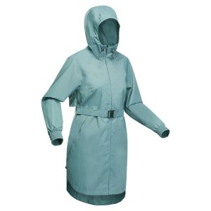 Kurtka turystyczna damska długa Quechua Raincut wodoodporna. Zielone kurtki QUECHUA, m, bez wzorów, bez kaptura. Za 129,99 zł.