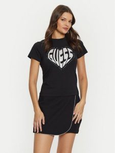 Guess T-Shirt V5RI08 J1314 Czarny Slim Fit. Czarne t-shirty Guess, s, z aplikacjami, z bawełny, bez kołnierzyka, bez ramiączek. Za 109,99 zł.