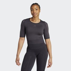 Koszulka Aeroknit. Czarne bluzki ADIDAS, l, bez wzorów, z materiału, sportowe, bez kołnierzyka, bez ramiączek. Za 179,00 zł.