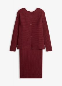 Sukienka dzianinowa i kamizelka (2 części). Niebieskie sukienki bonprix, bez wzorów, z dzianiny, eleganckie, bez kołnierzyka, bez ramiączek. Za 129,99 zł.