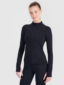 4F Bluza treningowa slim szybkoschnąca damska - czarna XS. Czarne bluzy 4f, xs, bez wzorów, bez kaptura. Za 199,99 zł.