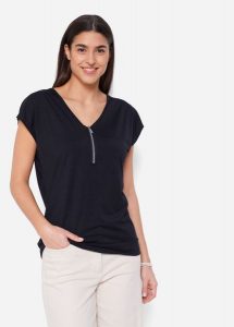 T-shirt z zamkiem, krótki rękaw. Czarne t-shirty bonprix, bez wzorów, bez kołnierzyka, bez ramiączek. Za 64,99 zł.