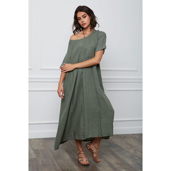 Fleur de Lin Lniana sukienka "Gustavo" w kolorze khaki rozmiar: XXL. Brązowe sukienki Fleur de Lin, xxl, bez wzorów, ze lnu, bez kołnierzyka, bez ramiączek, maxi. Za 140,20 zł.