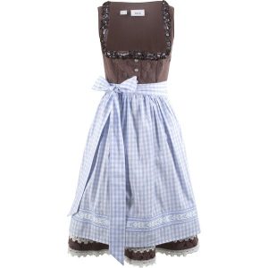 Sukienka ludowa z fartuchem, długość do kolan. Brązowe sukienki bonprix, bez wzorów, bez kołnierzyka, bez ramiączek, midi. Za 509,99 zł.