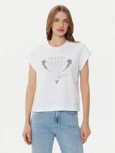 Guess T-Shirt W5RI06 I3Z14 Biały Regular Fit. Białe t-shirty Guess, s, z aplikacjami, z bawełny, bez kołnierzyka, bez ramiączek. Za 129,99 zł.