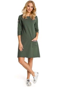 Khaki Sukienka Trapezowa Dzianinowa z Ozdobnymi Tasiemkami. Brązowe sukienki MOE, l, bez wzorów, z bawełny, bez kołnierzyka, bez ramiączek, trapezowe. Za 223,90 zł.
