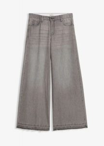 Dżinsy z szerokimi nogawkami, mid waist, z wygodnym paskiem. Szare jeansy bonprix, bez wzorów, z denimu. Za 117,99 zł.