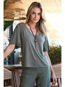Bleu d'Azur Koszulka "Musa" w kolorze khaki rozmiar: 44. Brązowe bluzki Bleu d'Azur, w ażurowe wzory, klasyczne, bez kołnierzyka, bez ramiączek. Za 105,38 zł.