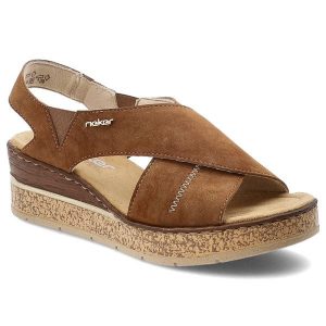 Sandały damskie Rieker, cholewka ze skóry ekologicznej z krzyżującymi się paskami na koturnie, brązowe, 63782-24. Brązowe sandały Rieker, bez wzorów, ze skóry ekologicznej, bez obcasa, na koturnie, bez zapięcia. Za 299,00 zł.
