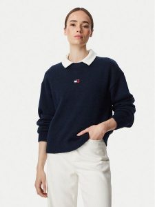 Tommy Jeans Sweter Fluffy Badge DW0DW23831 Granatowy Regular Fit. Niebieskie swetry klasyczne Tommy Jeans, l, z jeansu, bez kołnierzyka. Za 449,99 zł.