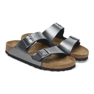 Klapki damskie BIRKENSTOCK ARIZONA BF. Szare klapki Birkenstock, bez wzorów, z materiału, bez obcasa. Za 299,99 zł.