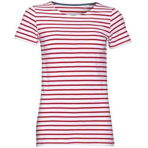Damska Koszulka Z Okrągłym Dekoltem W Paski Miles. Białe bluzki SOL'S, s, bez wzorów, sportowe, bez kołnierzyka, bez ramiączek. Za 72,99 zł.
