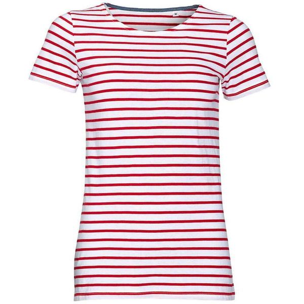 Damska Koszulka Z Okrągłym Dekoltem W Paski Miles. Białe bluzki SOL'S, s, bez wzorów, sportowe, bez kołnierzyka, bez ramiączek. Za 72,99 zł.