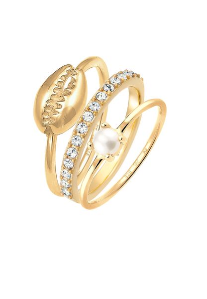 Elli Damski zestaw do łączenia muszla z perły hodowlana słodkowodna i kryształami w pozłacanym srebrze próby 925 Sterling Silver Pierścionki 1 ct. Szare pierścionki Elli, z perłą, pozłacane. Za 238,99 zł.