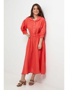 Rodier Lin Lniana sukienka w kolorze koralowym rozmiar: XL/XXL. Czerwone sukienki Rodier Lin, xl, bez wzorów, ze lnu, bez kołnierzyka, bez ramiączek, maxi. Za 180,06 zł.