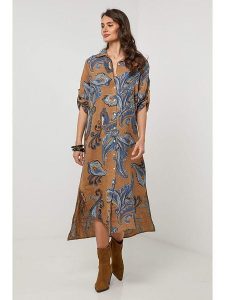 Lin Passion Lniana sukienka w kolorze jasnobrązowym rozmiar: 38/40. Brązowe sukienki Lin Passion, bez wzorów, ze lnu, klasyczne, bez kołnierzyka, bez ramiączek, midi. Za 173,99 zł.