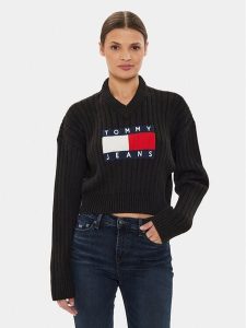 Tommy Jeans Sweter Center Flag DW0DW18528 Czarny Relaxed Fit. Czarne swetry klasyczne Tommy Jeans, xl, z jeansu, bez kołnierzyka. Za 259,99 zł.