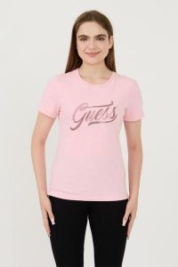 GUESS Różowy damski t-shirt bawełniany Stones&embro Tee, Rozmiar L. Czerwone t-shirty Guess, l, z aplikacjami, z bawełny, bez kołnierzyka, bez ramiączek. W wyprzedaży za 198,99 zł.