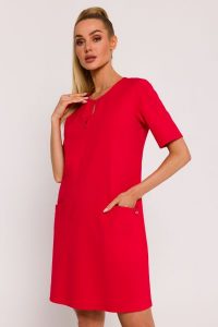 Czerwona Mini Trapezowa Sukienka z Kieszonkami. Czerwone sukienki MOE, l, bez wzorów, z bawełny, bez kołnierzyka, bez ramiączek, mini, trapezowe. Za 283,90 zł.