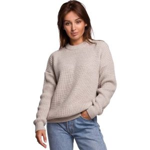 Sweter Oversize o Przedłużonym Kroju - Beżowy. Brązowe swetry klasyczne MOE, l, z materiału, bez kołnierzyka. Za 243,90 zł.